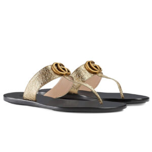 Gucci Unisex Leather thong sandal with Double G 497444 Golden