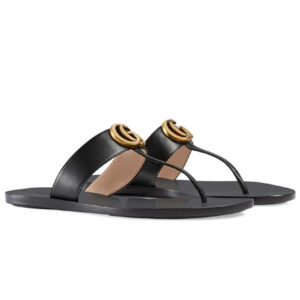 Gucci Unisex Leather thong sandal with Double G 497444 Black